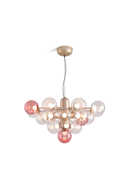 Astraea Prismatic Globe Chandelier | Glass, Metal | Isolated lit view of a modern multi-light cluster chandelier featuring clear and soft pink tinted glass bubble globes on a satin gold frame | White background | vexa lamps
