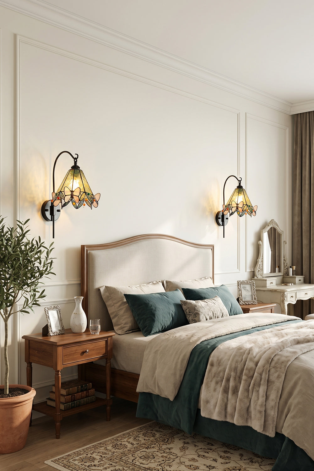 Aura Vine Stained Glass Wall Sconce | Glass, Metal | Symmetrically mounted as elegant bedside lighting on both sides of a classic upholstered bed in a bright bedroom | vexa lamps