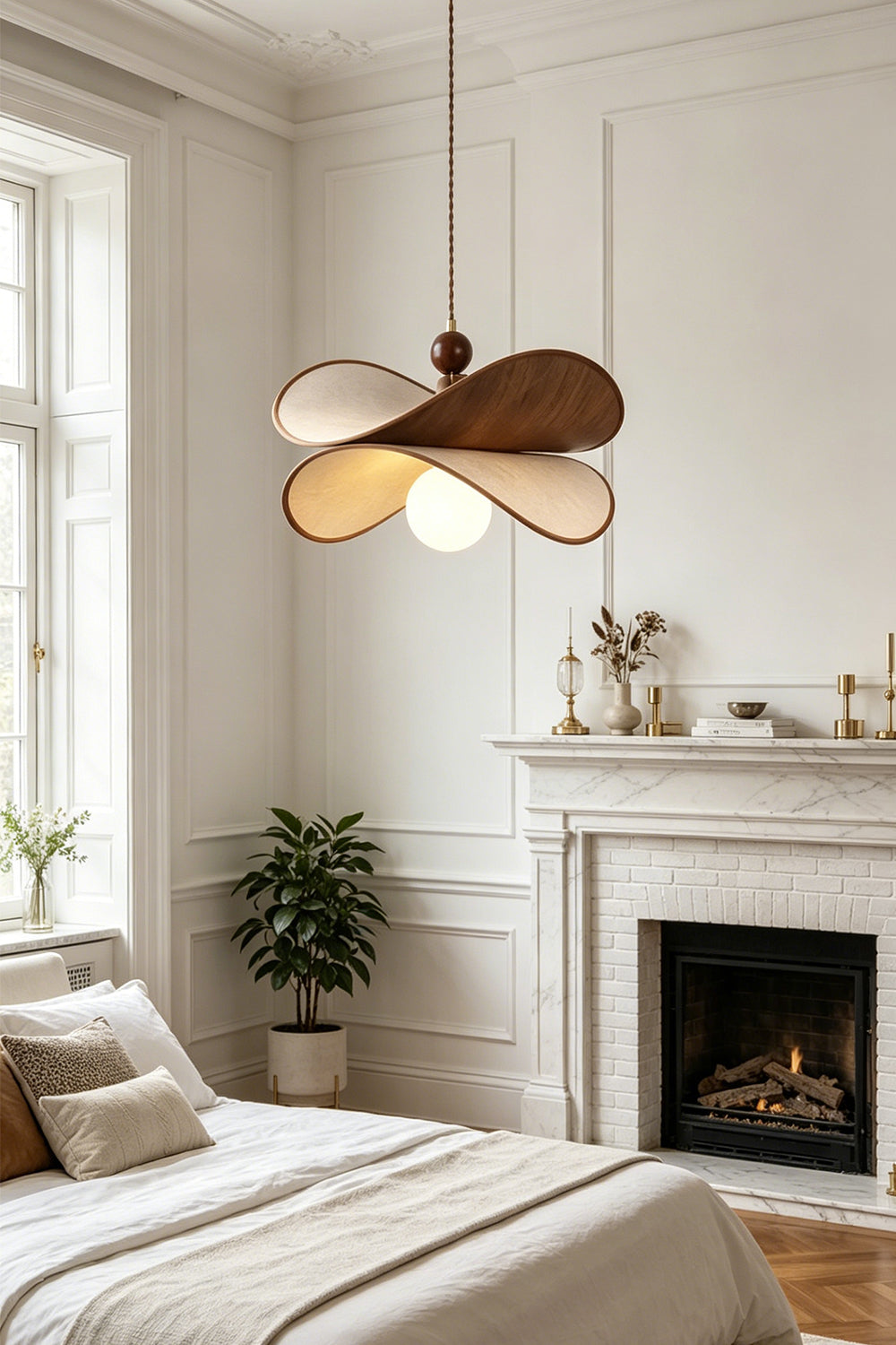 Aurelia Blossom Glass Pendant Light | Wood, Fabric, Glass | Positioned as a serene bedroom ceiling fixture casting a cozy glow near an elegant bed and a classical fireplace | vexa lamps