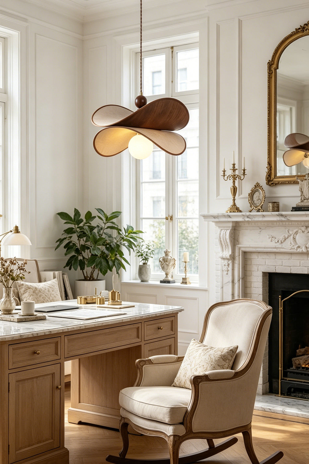 Aurelia Blossom Glass Pendant Light | Wood, Fabric, Glass | Hanging as a charming accent light over a classic wooden writing desk and upholstered armchair in a sunlit home office | vexa lamps