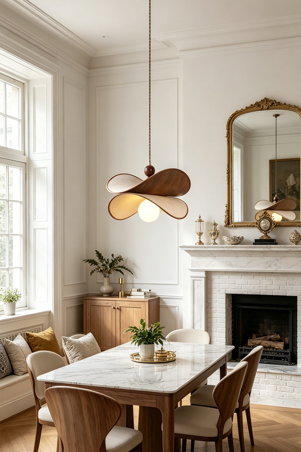 Aurelia Blossom Glass Pendant Light | Wood, Fabric, Glass | Wide-angle view of the illuminated flower-shaped wooden pendant light enhancing a sophisticated open-plan dining space | vexa lamps
