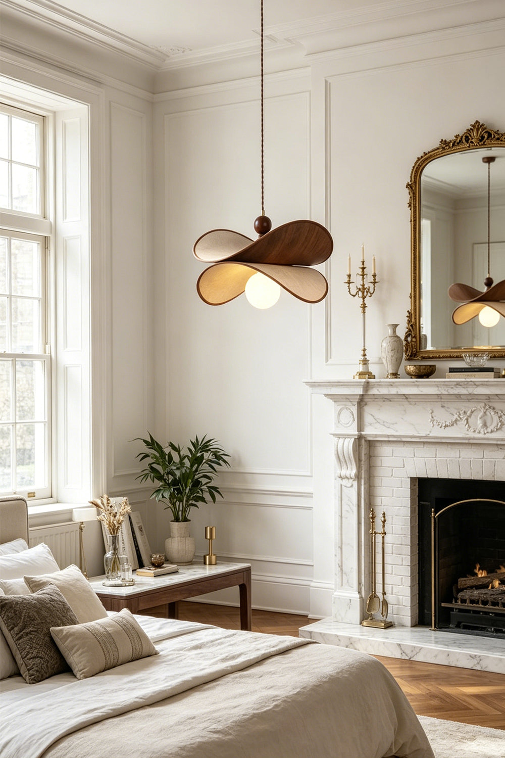 Aurelia Blossom Glass Pendant Light | Wood, Fabric, Glass | Detailed room shot showing the organic wooden hanging lamp illuminating a luxurious bright master bedroom suite | vexa lamps
