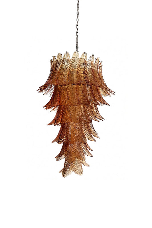Aurelia Helix Amber Glass Cascade Chandelier featuring amber-hued glass plumes in an elegant design.