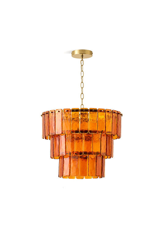 Aurelia Tiered Amber Glass Chandelier featuring cascading amber glass panels and a gold ceiling mount.