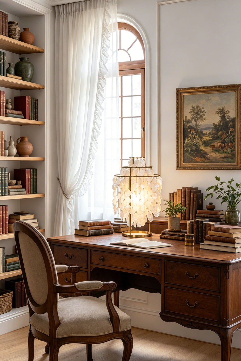 Aurelia Tiered Capiz Table Lamp | Capiz Shell, Metal | Illuminating a vintage dark wood executive writing desk in a classic home library with an arched window | vexa lamps
