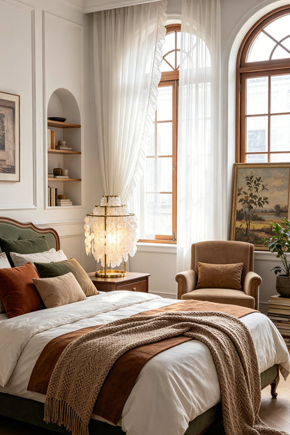 Aurelia Tiered Capiz Table Lamp | Capiz Shell, Metal | Positioned as a cozy bedtime reading lamp on a wooden nightstand in an elegant bedroom with an arched window | vexa lamps