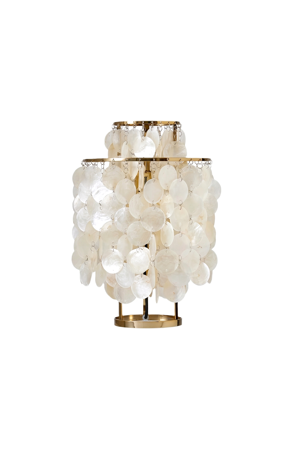 Aurelia Tiered Capiz Table Lamp | Capiz Shell, Metal | Multi-tiered cylinder table lamp with cascading translucent capiz shell discs on a gold metal frame | Isolated product shot on white background | vexa lamps