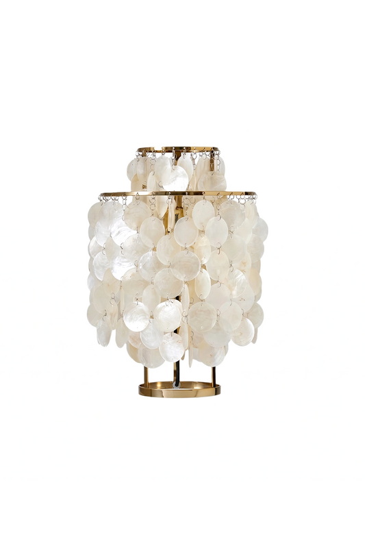 Aurelia Tiered Capiz Table Lamp | Capiz Shell, Metal | Multi-tiered cylinder table lamp with cascading translucent capiz shell discs on a gold metal frame | Isolated product shot on white background | vexa lamps