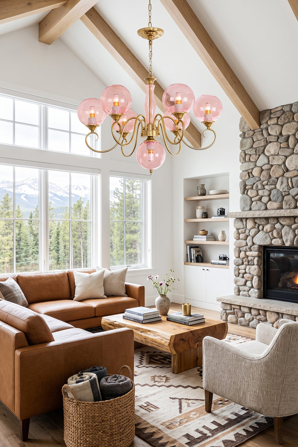 Aveline Globe Cluster Chandelier | Colored Glass and Brass | Hanging in a cozy living room with leather sofas and stone fireplace | vexa lamps