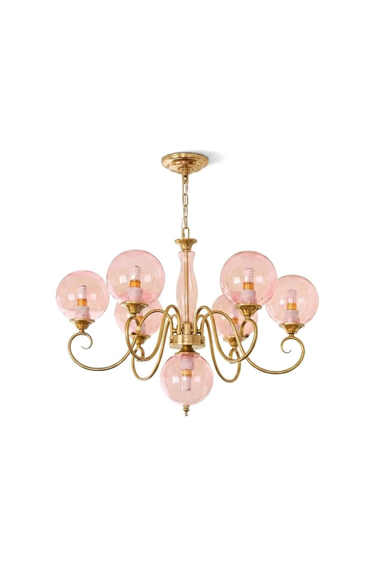 Aveline Globe Cluster Chandelier | Colored Glass and Brass | Front full view with pink glass globes on a white background | vexa lamps