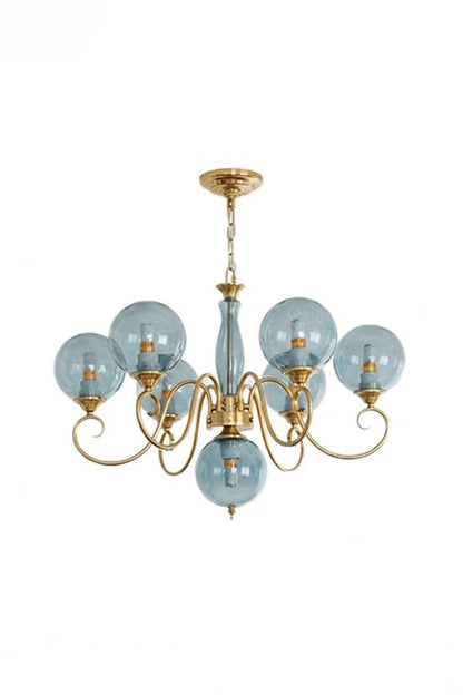 Aveline Globe Cluster Chandelier | Colored Glass and Brass | Blue glass globe shade variant full view on white backdrop | vexa lamps