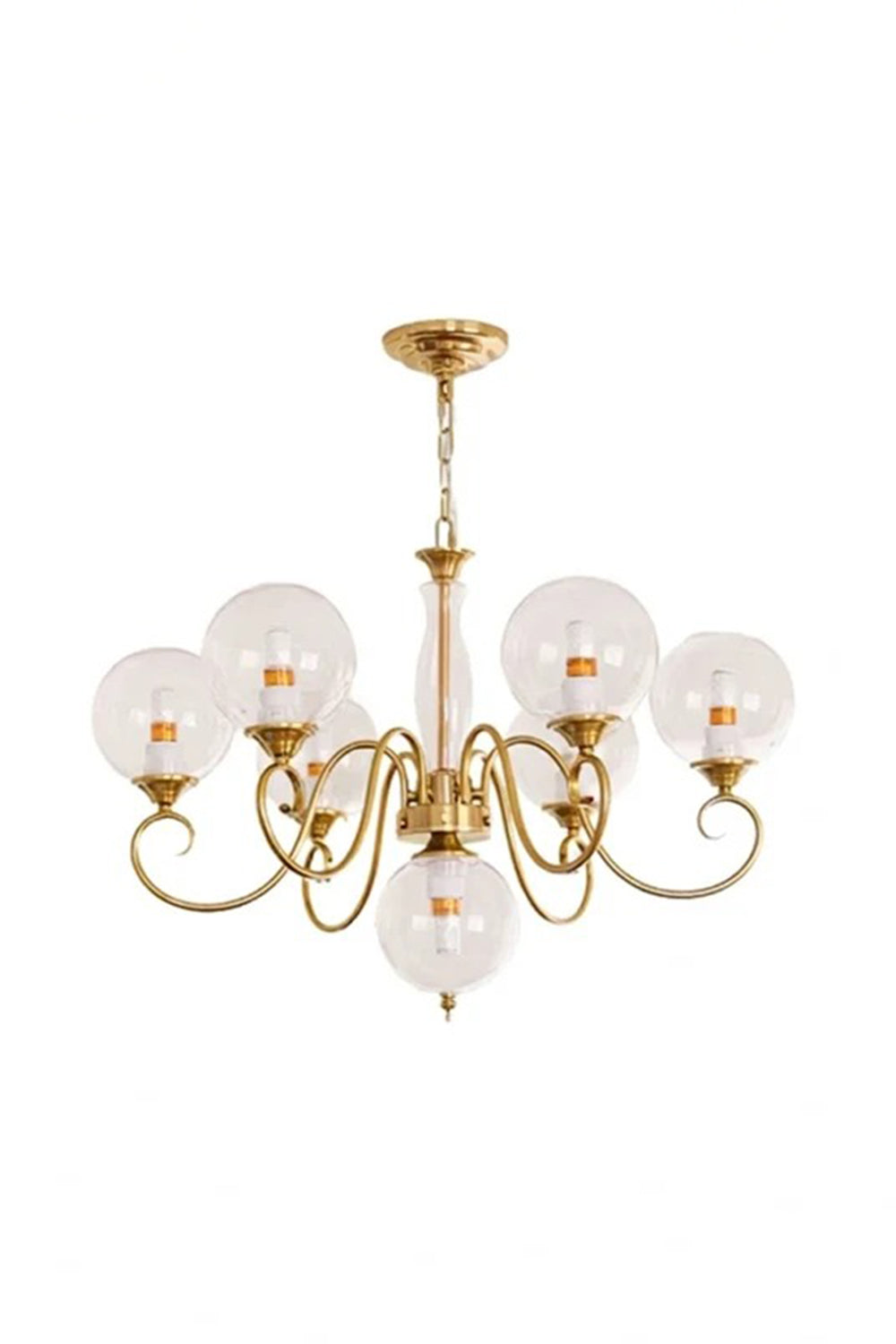 Aveline Globe Cluster Chandelier | Colored Glass and Brass | Clear frosted glass globe variant full shot on a plain background | vexa lamps