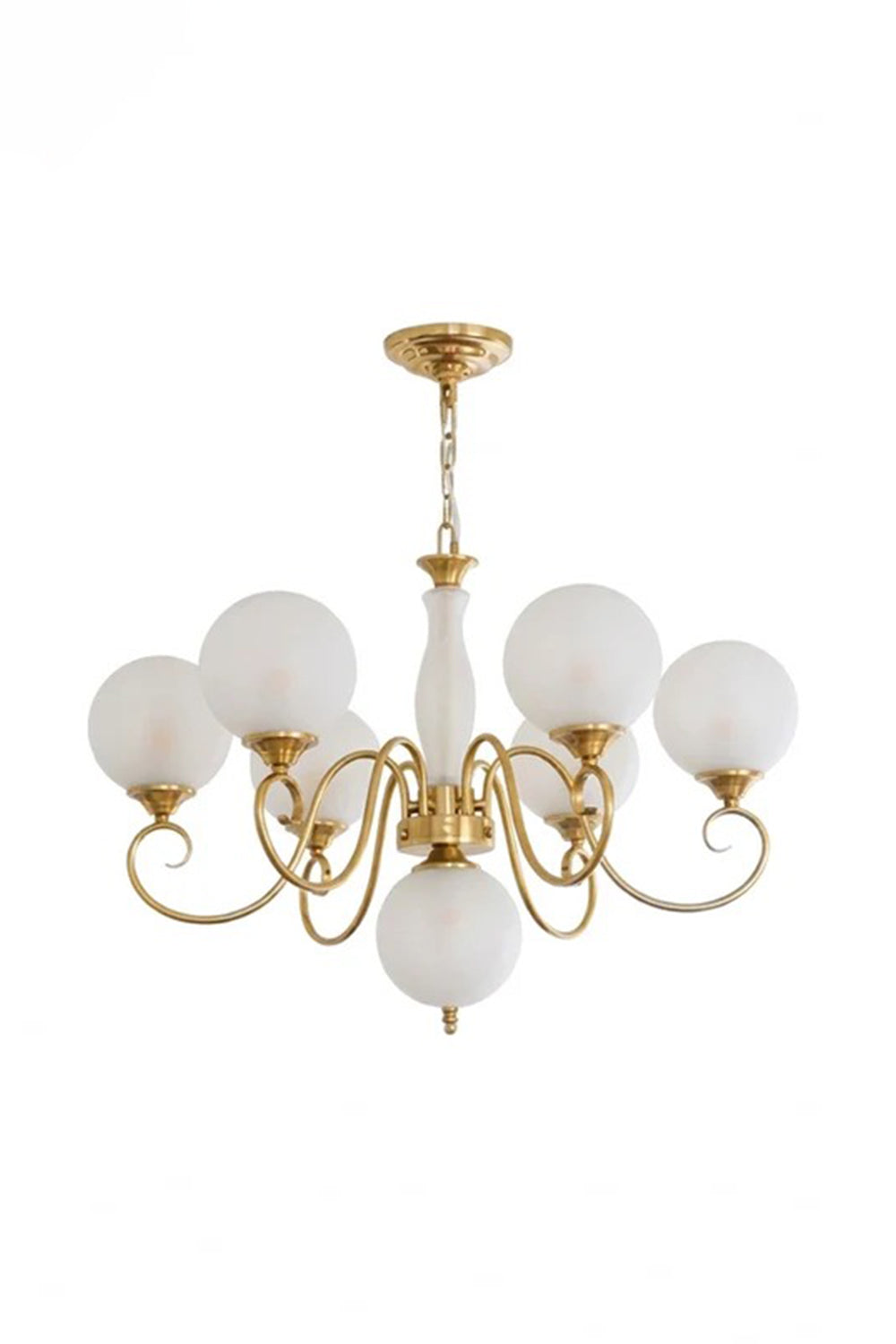 Aveline Globe Cluster Chandelier | Colored Glass and Brass | Opal white glass globe shade edition full display on white background | vexa lamps