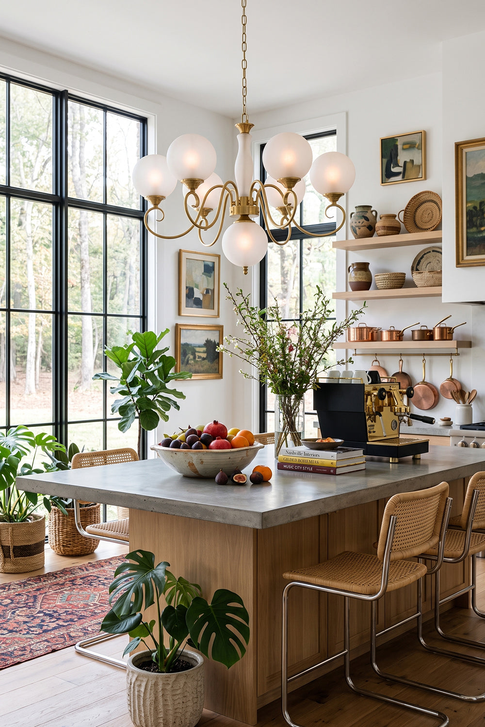 Aveline Globe Cluster Chandelier | Colored Glass and Brass | Installed above a rustic kitchen island with wooden bar stools | vexa lamps