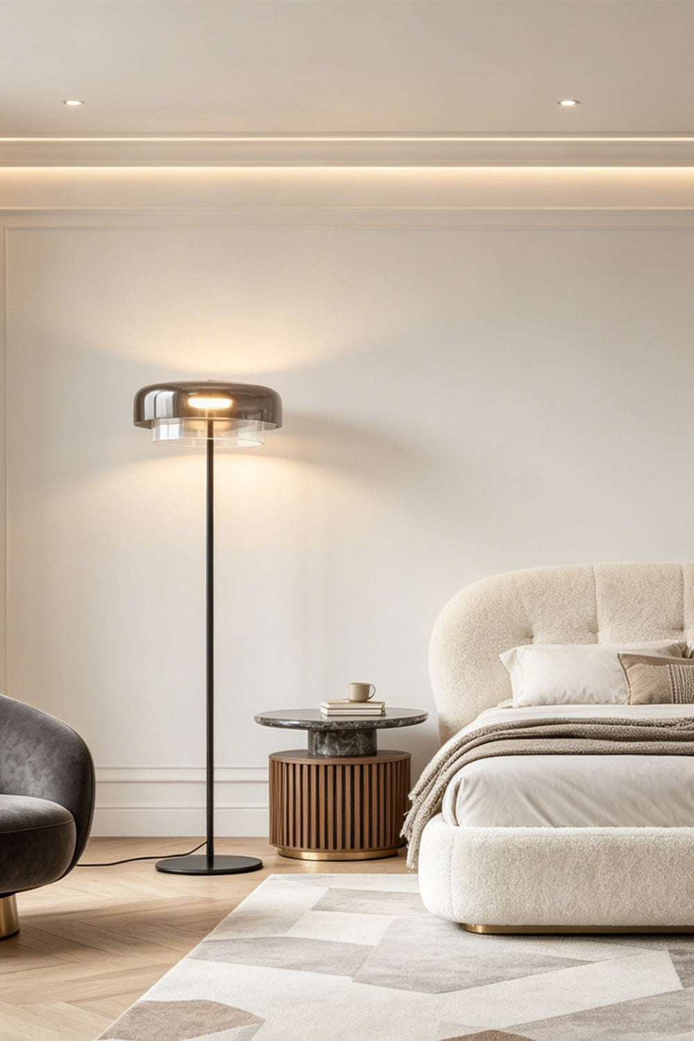 Aven Minimalist Architectural Floor Lamp | Glass, Metal | Minimalist floor light glowing softly against a clean white bedroom wall next to a cozy upholstered platform bed | vexa lamps