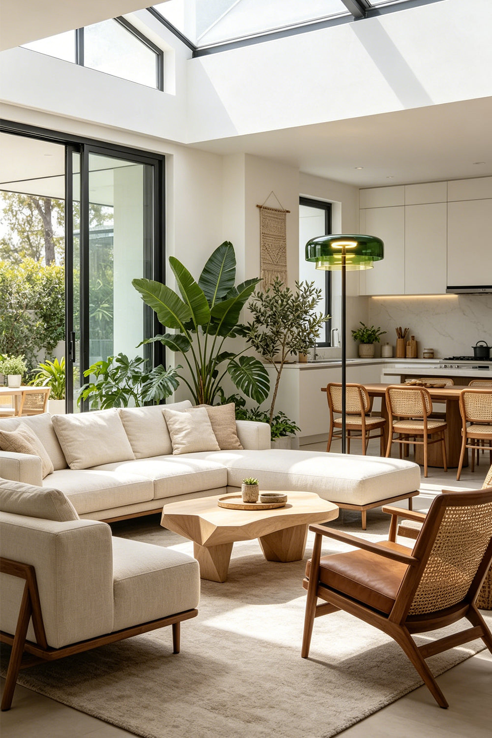 Aven Minimalist Architectural Floor Lamp | Glass, Metal | Styled in a luxurious sunlit open-plan living room with a large glass atrium skylight, cream sofas, and indoor green plants | vexa lamps