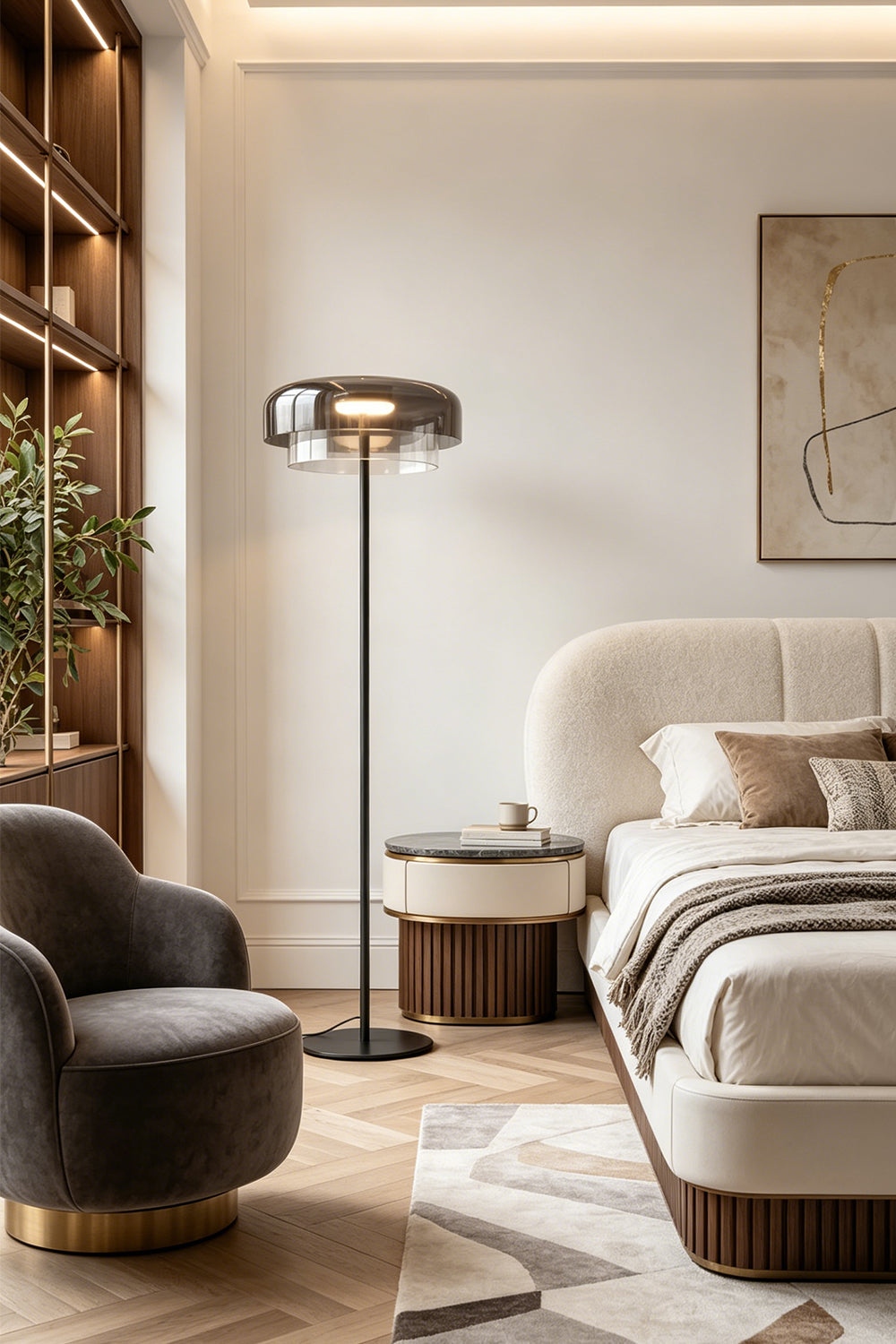 Aven Minimalist Architectural Floor Lamp | Glass, Metal | Positioned as a sleek bedroom corner reading light next to a luxurious cream bed and a round wooden nightstand | vexa lamps