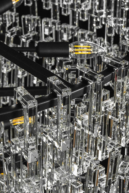 Aven Tiered Glass Prism Chandelier | Glass, Metal | Macro close-up focus on the black metal multi-tier structural frame and internal light bulb sockets | Detail shot | vexa lamps