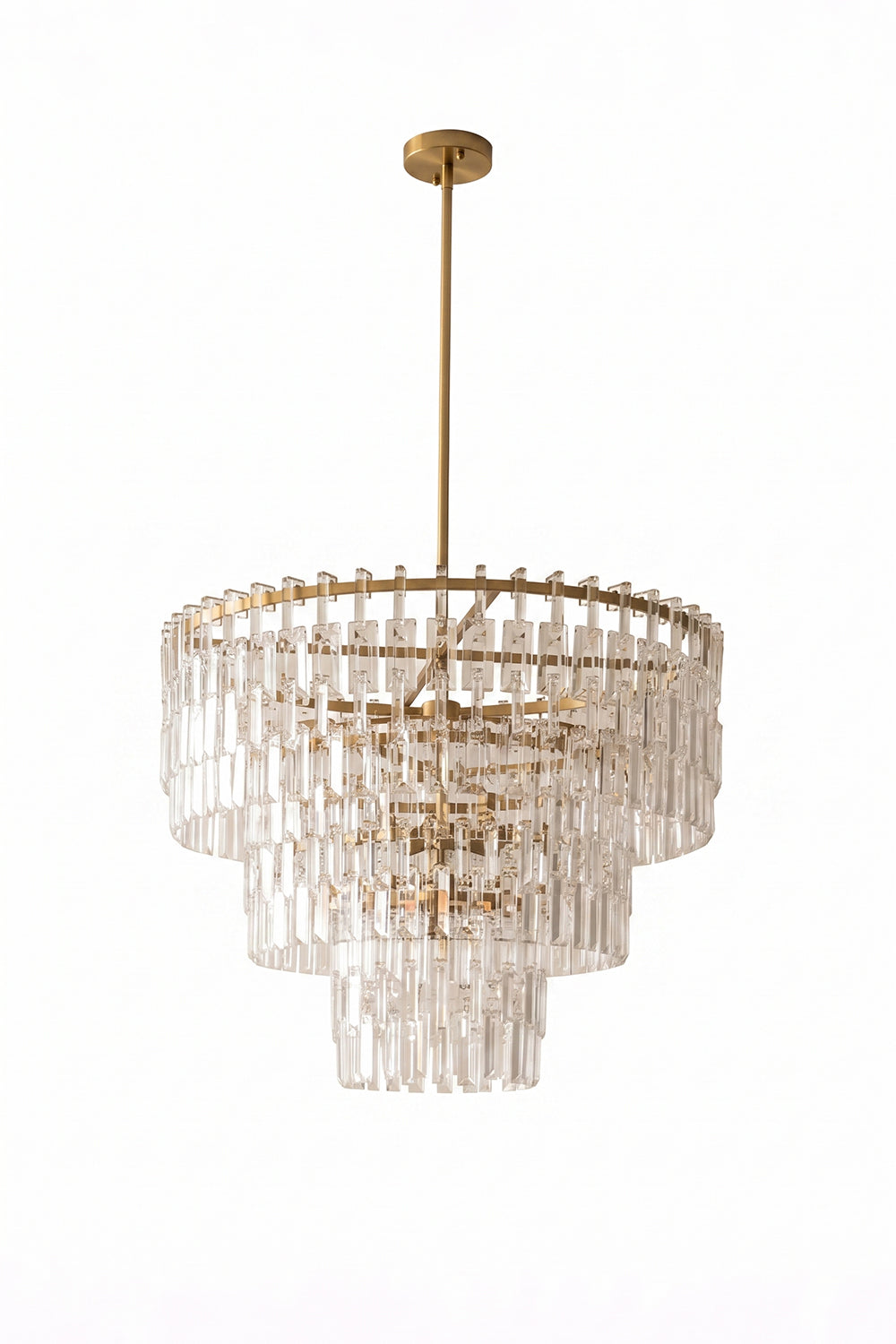 Aven Tiered Glass Prism Chandelier | Glass, Metal | Isolated unlit product shot of the multi-tiered gold brass frame and clear crystal prism variant on a white background | vexa lamps