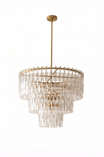 Aven Tiered Glass Prism Chandelier | Glass, Metal | Isolated unlit product shot of the multi-tiered gold brass frame and clear crystal prism variant on a white background | vexa lamps