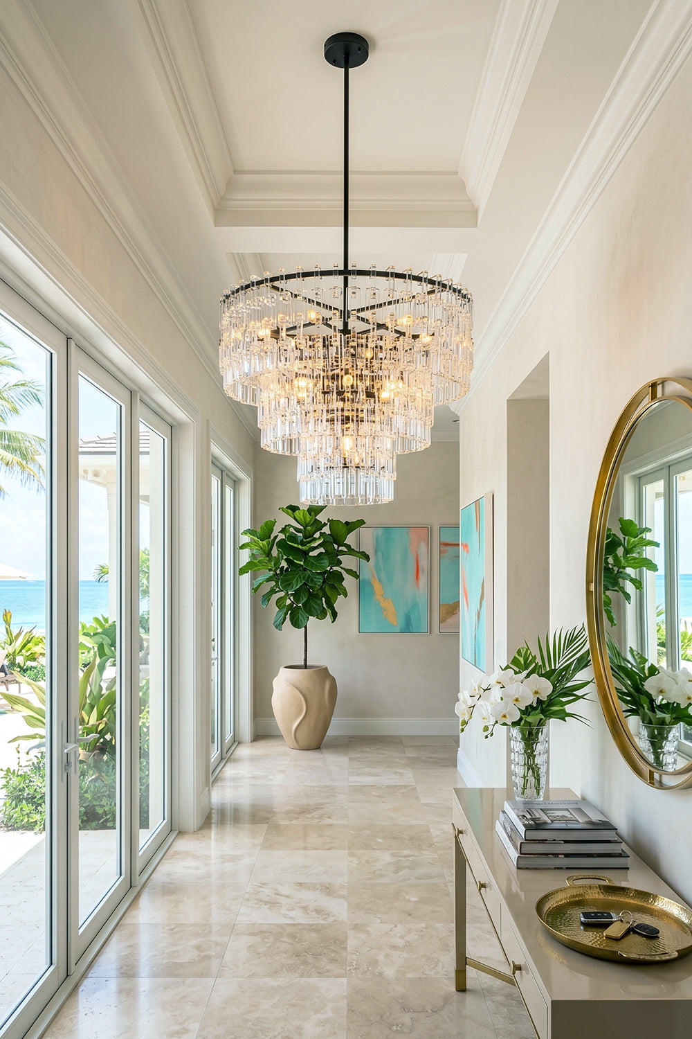 Aven Tiered Glass Prism Chandelier | Glass, Metal | Hanging as a grand statement light fixture in a long, sunlit minimalist hallway with polished marble floors | vexa lamps