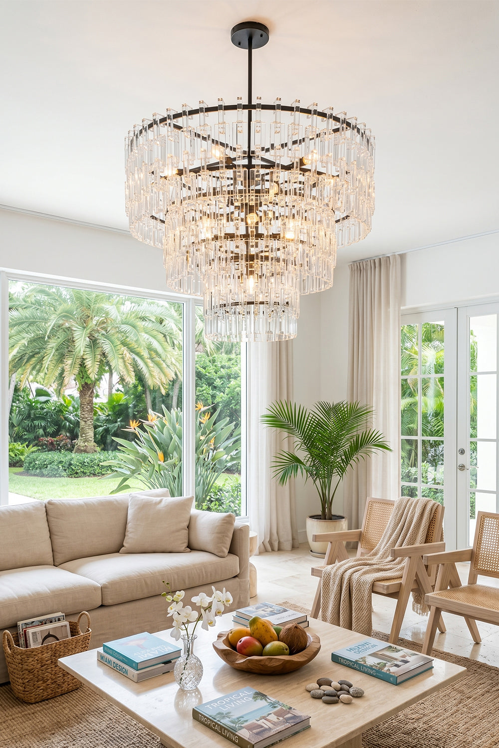 Aven Tiered Glass Prism Chandelier | Glass, Metal | Illuminating a luxurious beach house living room featuring a plush cream sectional sofa and tropical indoor plants | vexa lamps