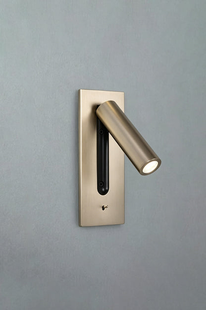 Axial Pivot Folding LED Wall Lamp mounted on a wall, featuring a brushed metal backplate and a sleek adjustable spotlight.