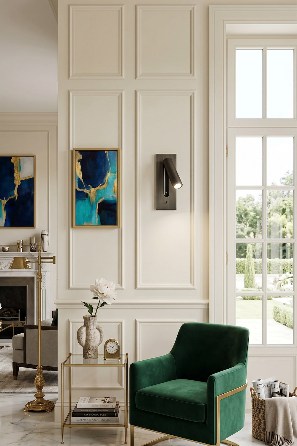 Axial Pivot Folding LED Wall Lamp illuminating a stylish green chair in a modern living room setting.