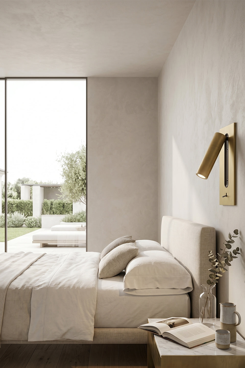 Axial Pivot Folding LED Wall Lamp illuminating a modern minimalist bedroom with a cozy bed and natural light.