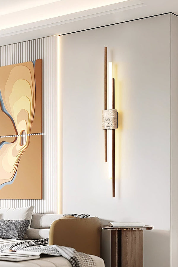 Axis Terra linear light next to modern art | Travertine, Metal, Glass | Bedroom wall installation with soft lighting | vexa lamps