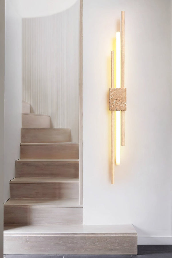 Single Axis Terra wall light by a staircase | Travertine, Metal, Glass | Modern lighting in a bright hallway | vexa lamps