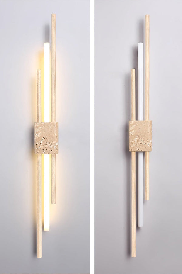 Detailed close-up of Axis Terra wall light | Travertine, Metal, Glass | Showing the lit glass tubes and stone texture | vexa lamps