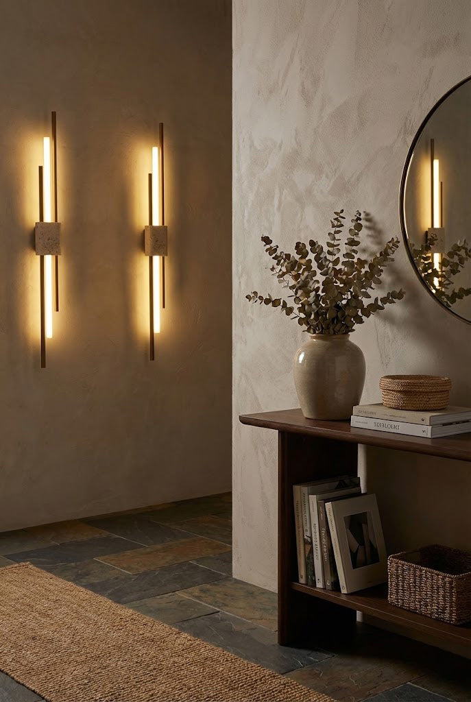 Pair of Axis Terra linear wall lights | Travertine, Metal, Glass | Mounted in a hallway near a wooden console | vexa lamps