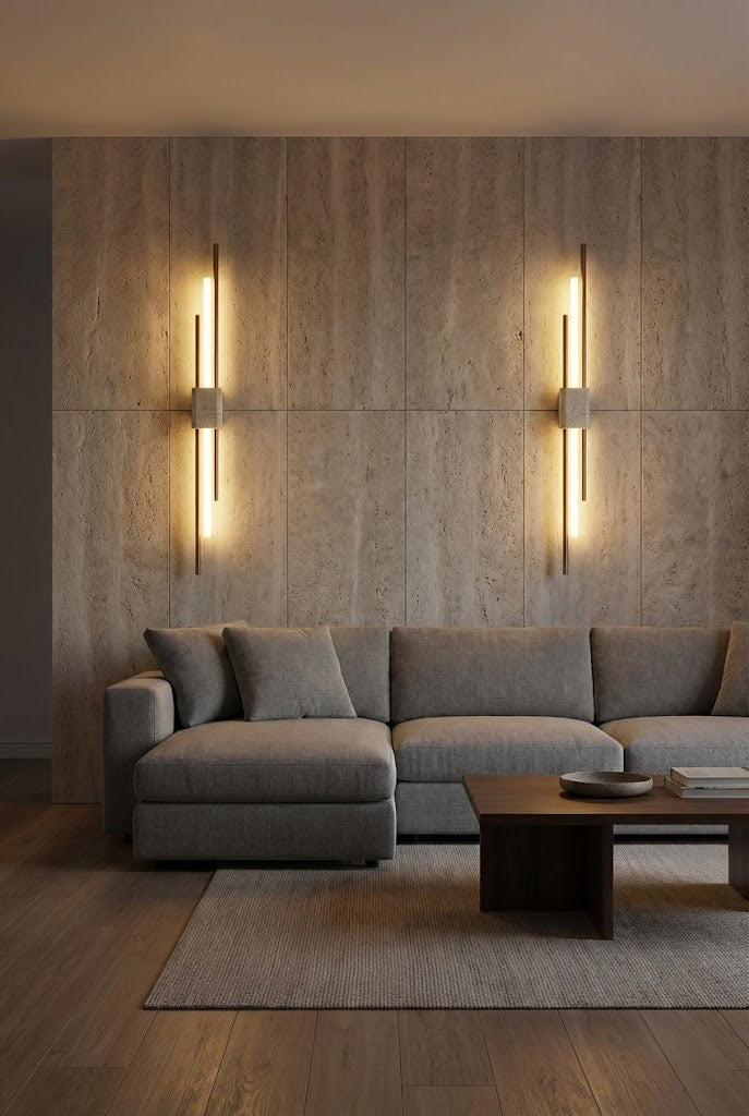 Two Axis Terra wall lights flanking a grey sofa | Travertine, Metal, Glass | Living room scene with textured wall | vexa lamps