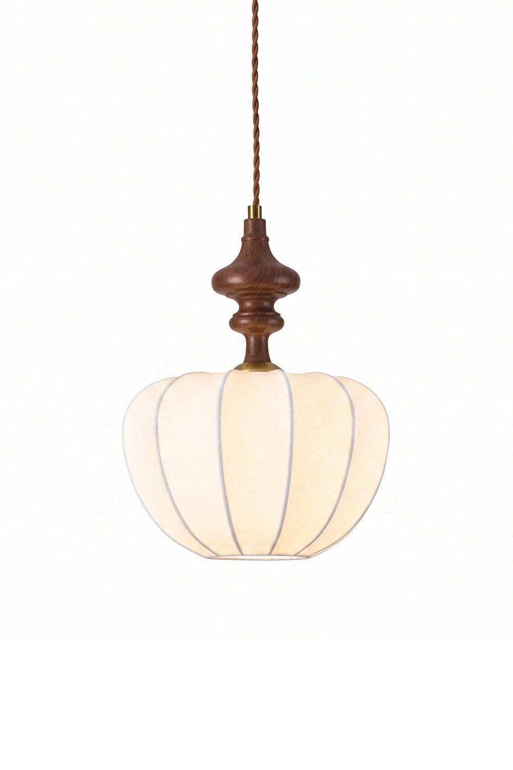 Baird Mid-Century Silk Pendant Light featuring a pumpkin-shaped silk shade and walnut-toned wooden spindle.