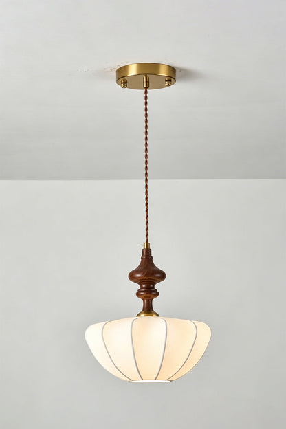 Baird Mid-Century Silk Pendant Light featuring a silk shade and walnut-toned wooden spindle.