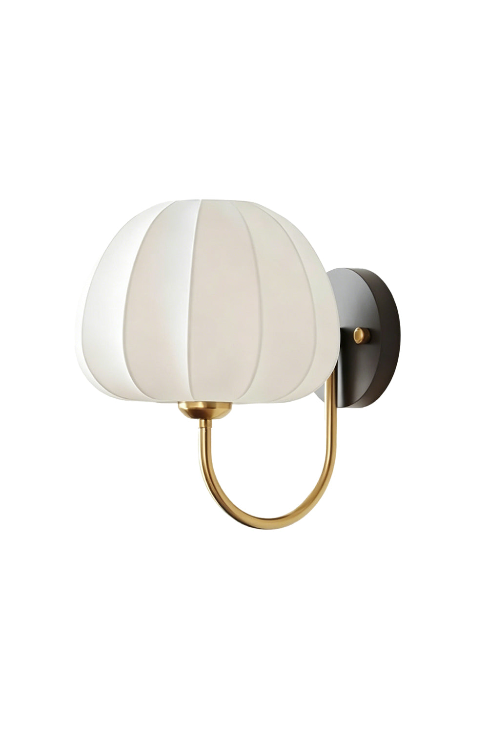 Baird Mid Century Pumpkin Wall Lamp | Metal, Fabric, Wood | Ribbed pumpkin-shaped fabric shade with a curved brass arm and dark wood backplate | Isolated lit product shot on white background | vexa lamps