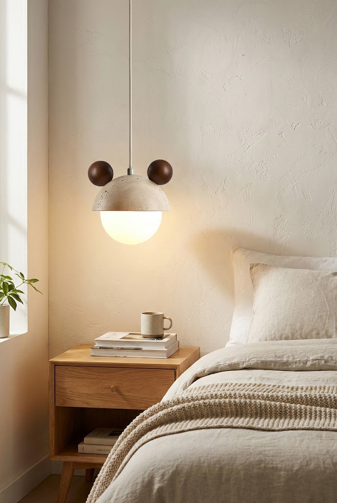 Bear ear travertine bedside pendant | Travertine, Metal, Glass | Installed above a wooden nightstand in a bright bedroom | vexa lamps