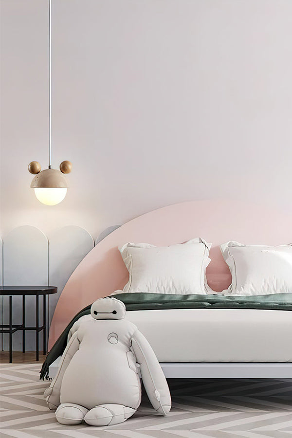 Lit bear ear pendant lamp over a colorful bed | Travertine, Metal, Glass | Modern kids' bedroom interior | vexa lamps