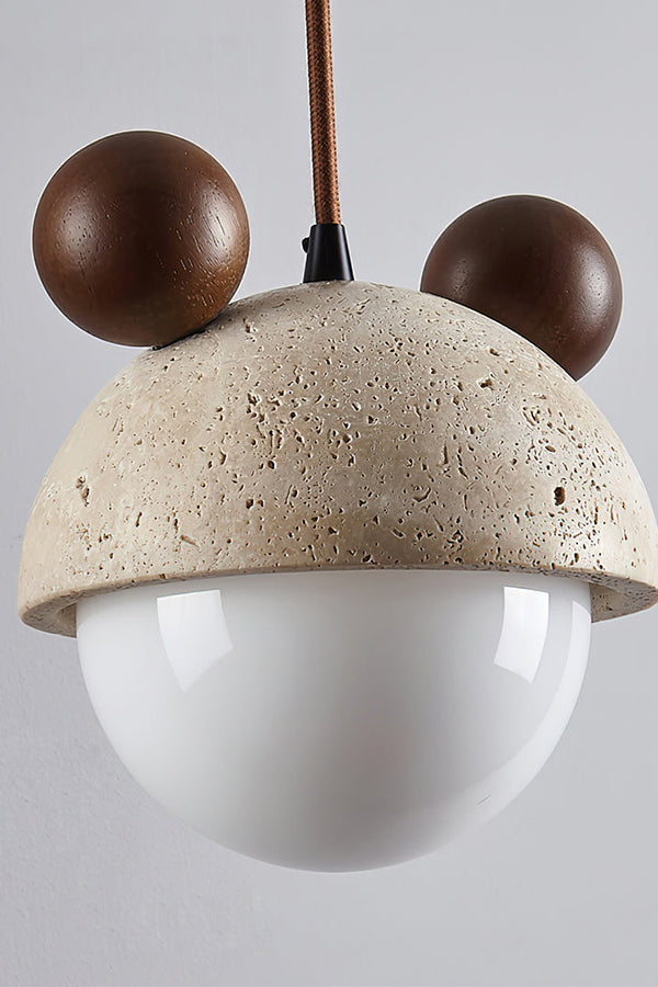 Unlit bear ear travertine pendant lamp | Travertine, Metal, Glass | Front view showing the white glass and stone details | vexa lamps