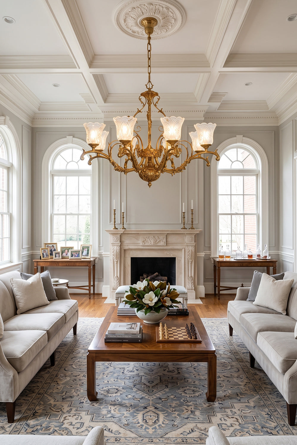 Beatrix Acanthus Leaf Chandelier | Ornate Brass and Frosted Carved Glass | Suspended in a bright, high-ceiling classic living space between two facing cream sofas near a fireplace | vexa lamps