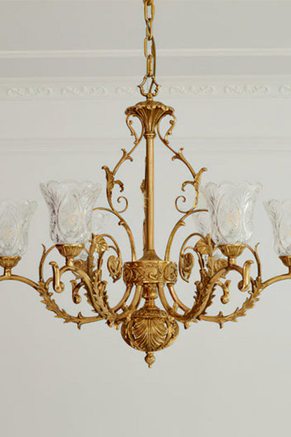 Beatrix Acanthus Leaf Chandelier | Ornate Brass and Frosted Carved Glass | Standard unlit product view hanging from a plain plaster ceiling against a light grey background | vexa lamps
