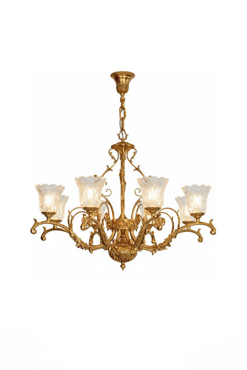 Beatrix Acanthus Leaf Chandelier | Ornate Brass and Frosted Carved Glass | Full front studio shot on a clean white background showing the lit gold classic scroll arm fixture | vexa lamps