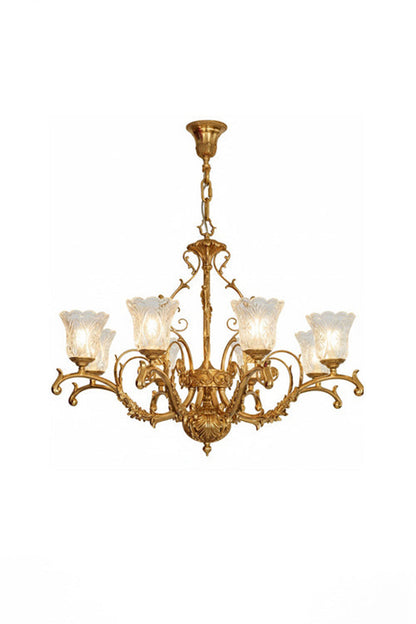 Beatrix Acanthus Leaf Chandelier | Ornate Brass and Frosted Carved Glass | Full front studio shot on a clean white background showing the lit gold classic scroll arm fixture | vexa lamps
