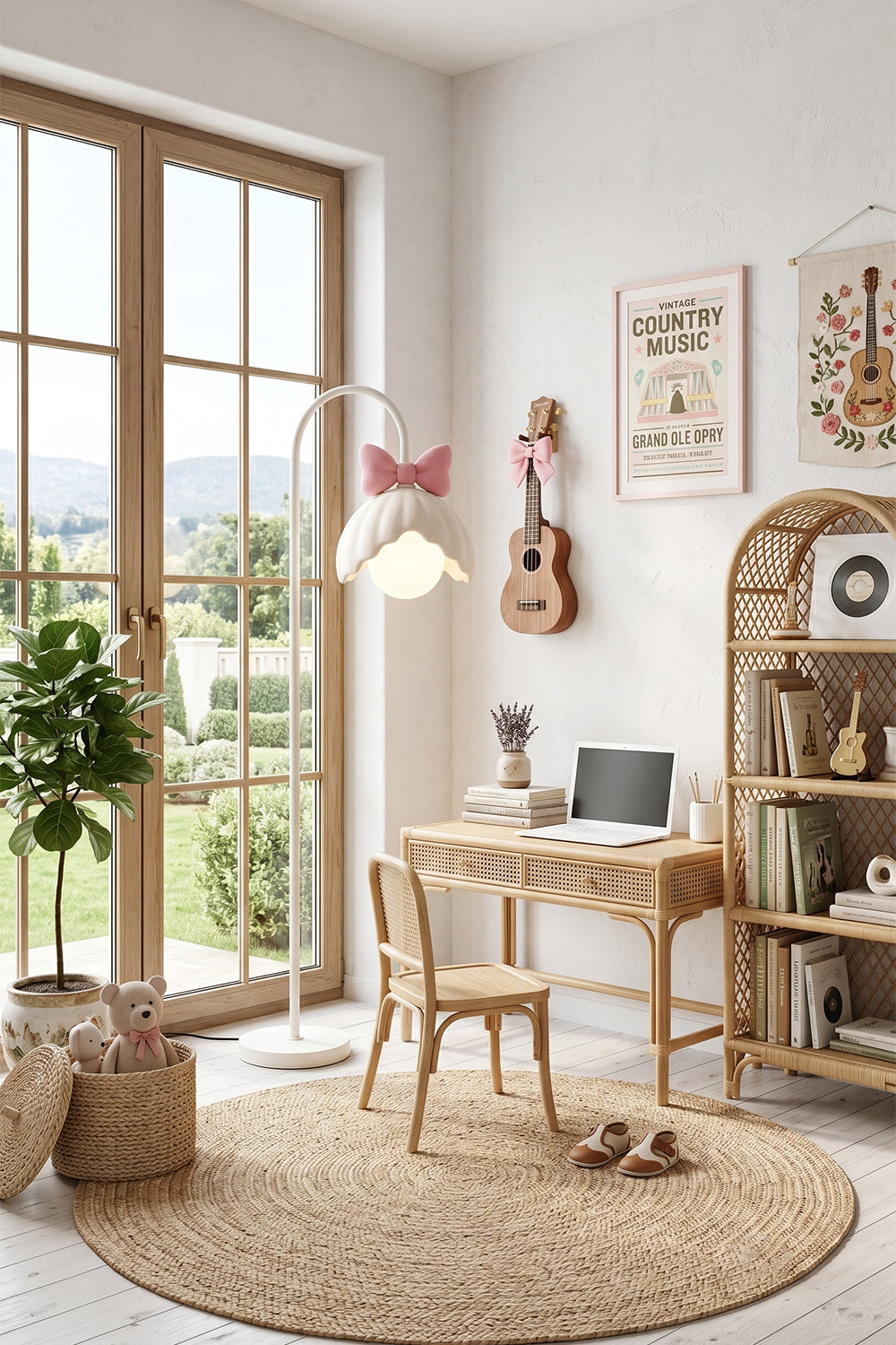 Bella Bow Arched Floor Lamp | Metal, Resin | Pink bow version standing on a round jute rug next to a light wood children's study desk and high arched window | vexa lamps