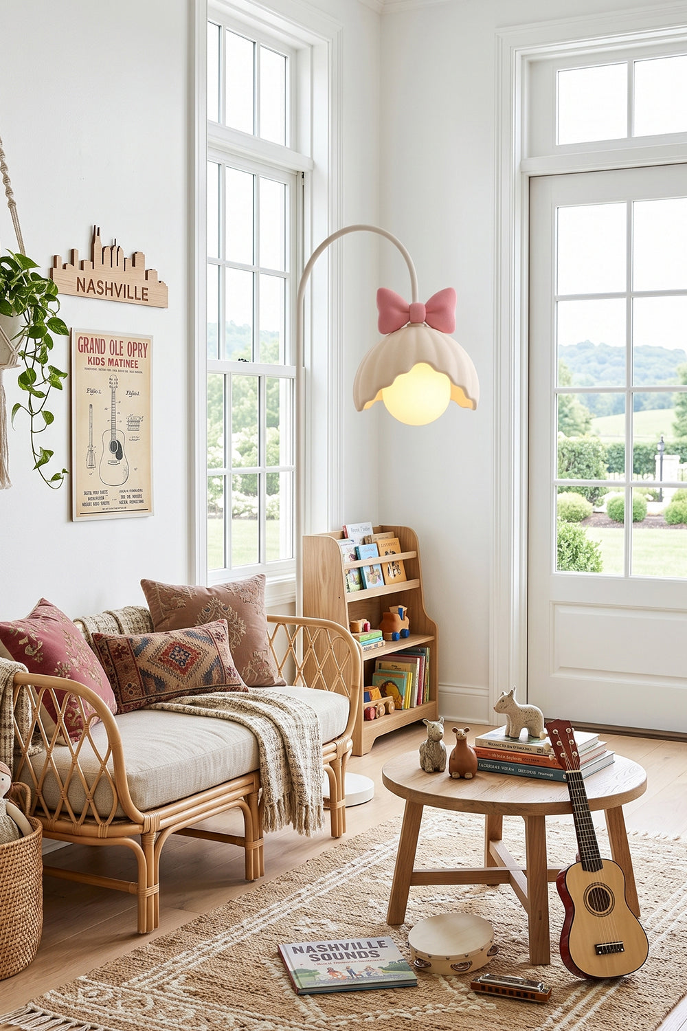Bella Bow Arched Floor Lamp | Metal, Resin | Pink bow variant standing in a bright bohemian kids' playroom or nursery next to a rattan sofa and a wooden coffee table | vexa lamps