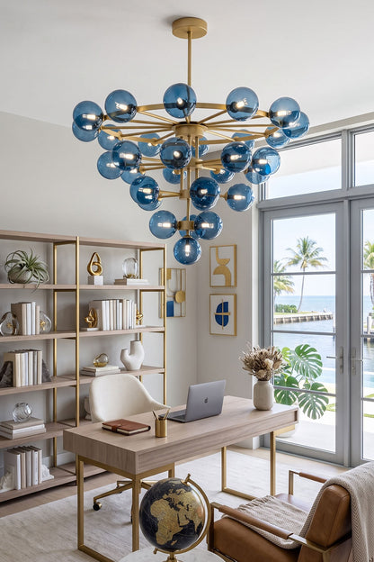 Blue Glass Bubble Globe Tiered Chandelier