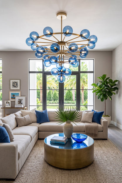 Blue Glass Bubble Globe Tiered Chandelier
