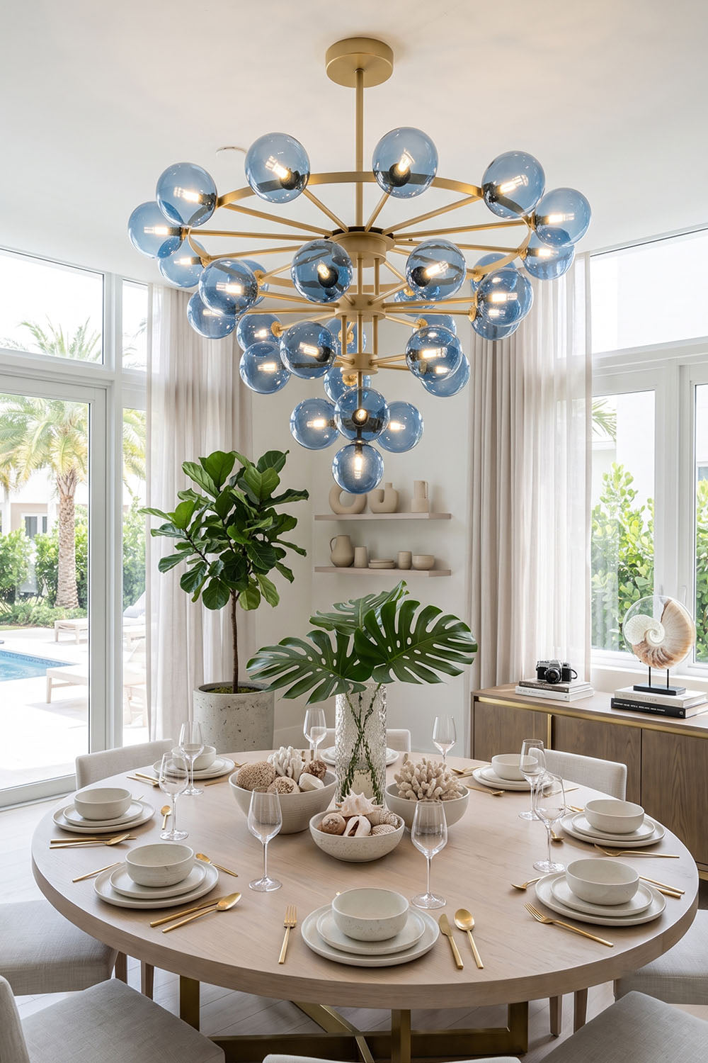 Blue Glass Bubble Globe Tiered Chandelier