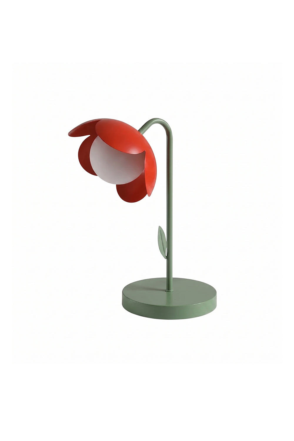 Isolated red botanical table lamp | Metal and glass | Stylized tulip shape with green base, red petals, white globe | Isolated white background | Facing slightly left | vexa lamps